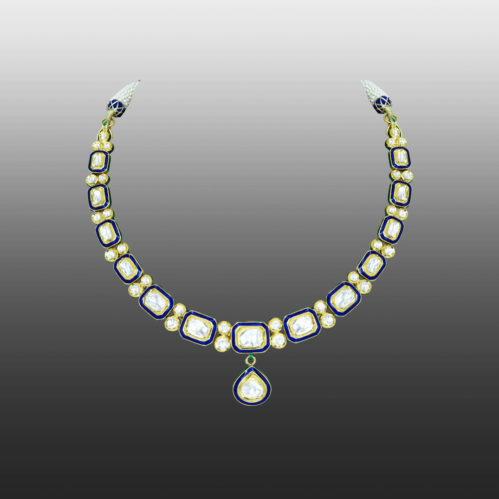 Square and Teardrop Polki Necklace with Blue Meena
